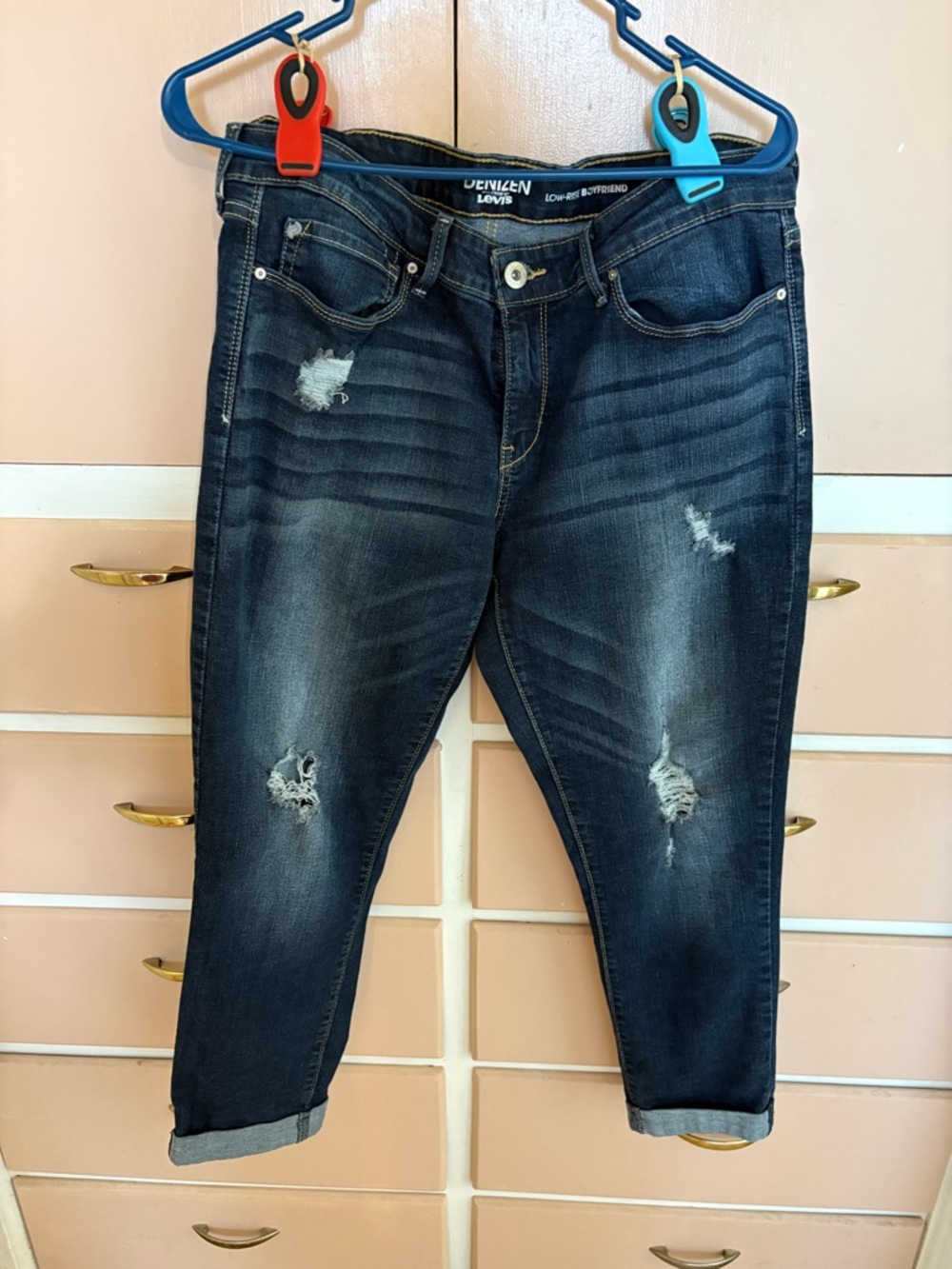 Denizen from Levi's Mid to Dark Blue Ripped Boyfriend Jeans